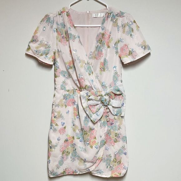 NWOT PEONY Australia Pink Embellished Heart Floral Faux Wrap Dress Sz M AU S US - Picture 1 of 6